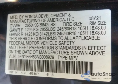 2022 Honda Pilot Awd Ex-L z USA, uszkodzony, nr VIN 5FNYF6H53NB008929